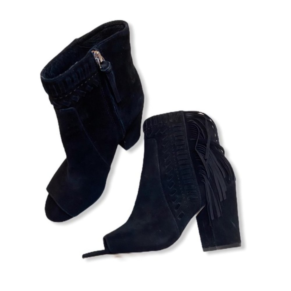 Rebecca Minkoff IRIS Fringe Bootie Sz 7.5 NIB Black Suede Open Toe Ankle Boot